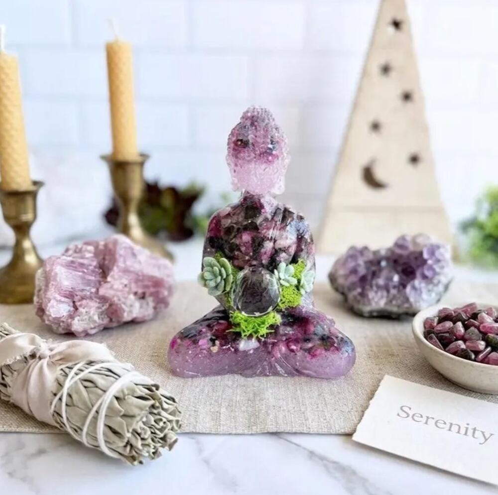 Watermelon Tourmaline Buddha Statue | Handmade Resin Crystal Figurine